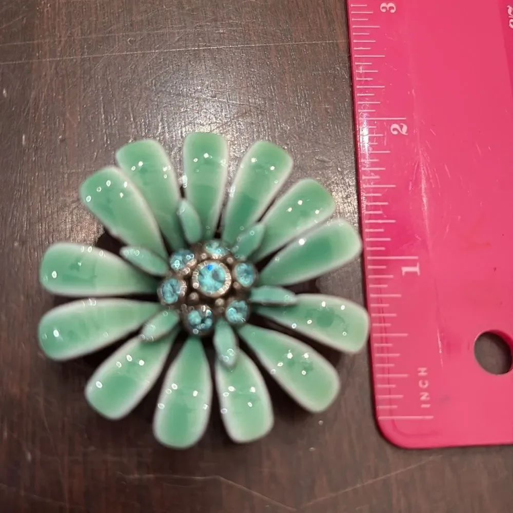 Vintage enamel Rhinestone Green and Blue Floral Brooch
